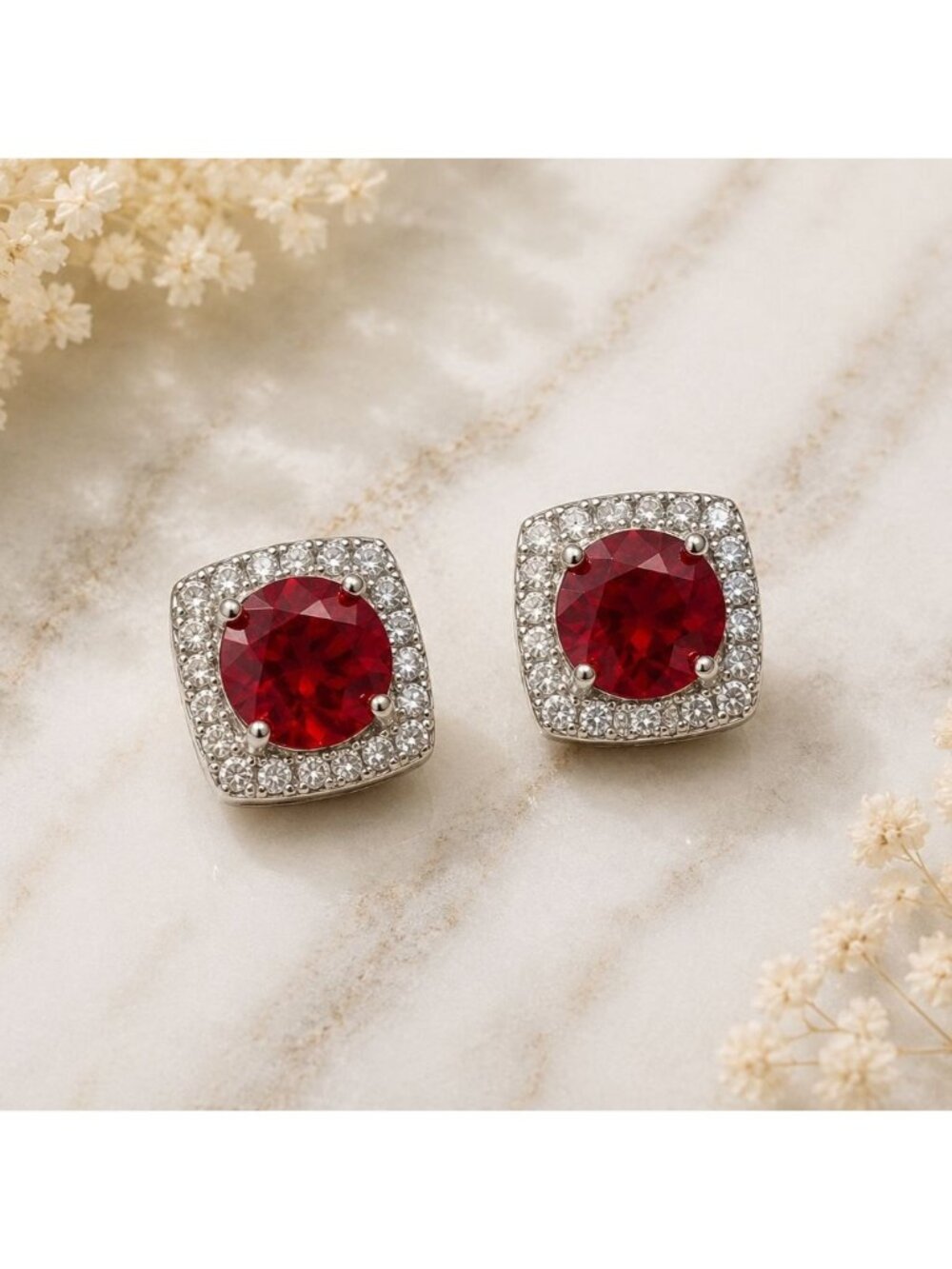 Vintage Ruby Red Swarovski Crystal Halo Stud‎ Earrings Sterling Silver Overlay